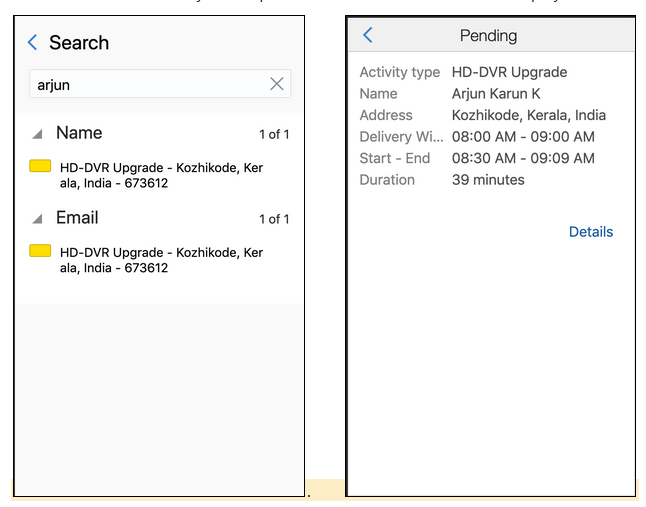 Activity search and results on a small screen