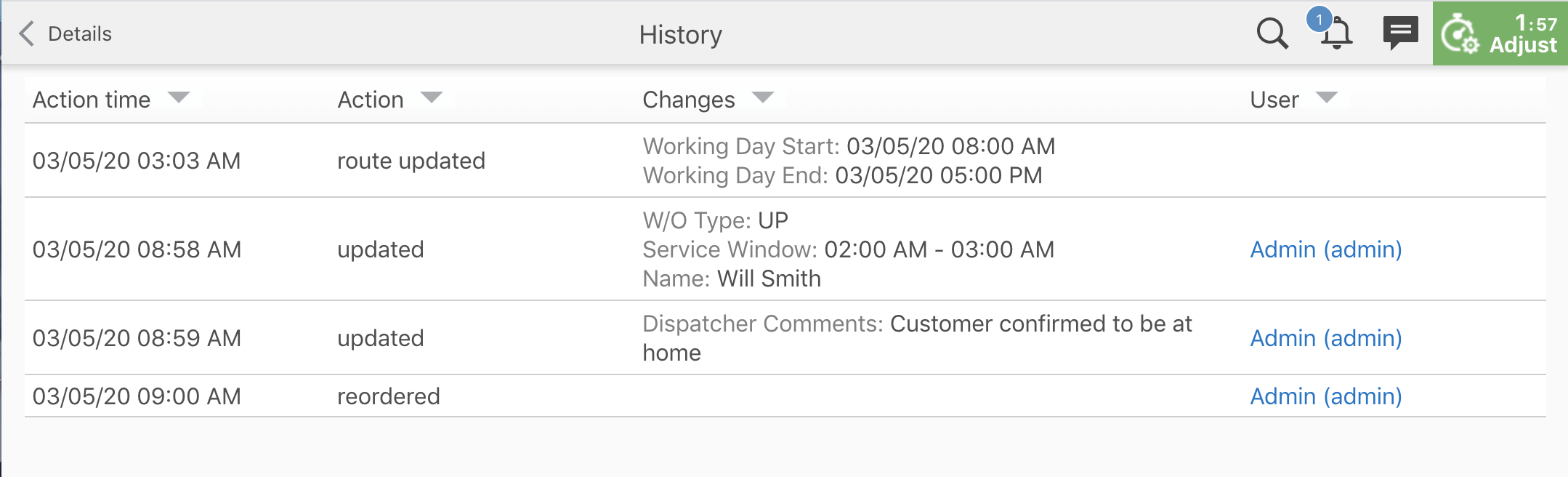 Activity History screen with the filter for each column