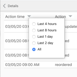 Action time column with the filter options
