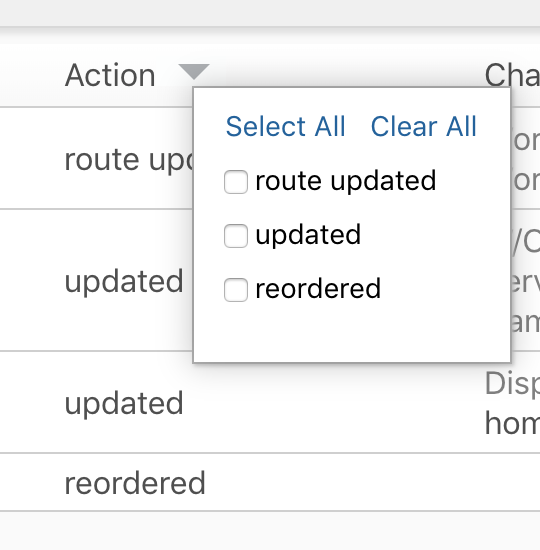 Action column with the filter options