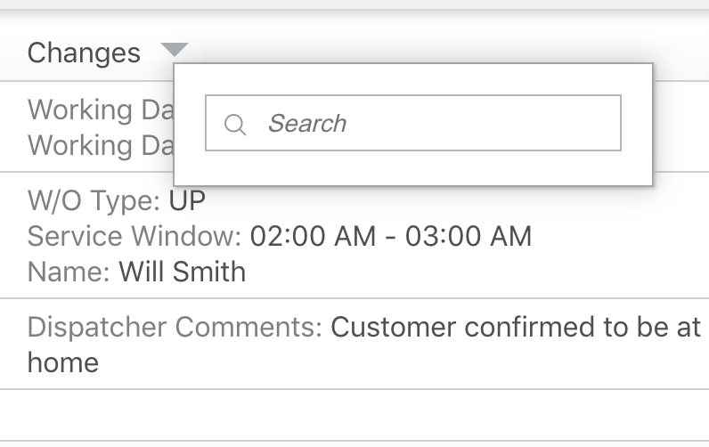 Changes column with the Search field