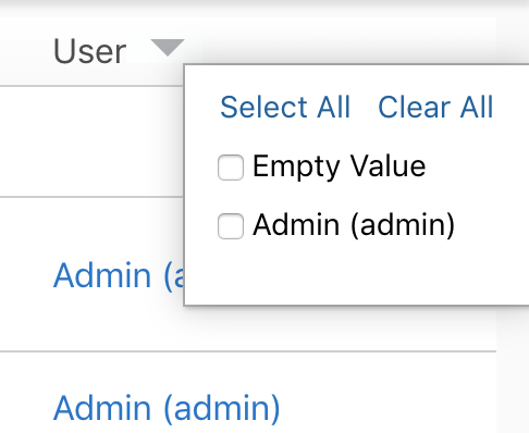 User column with the filter options