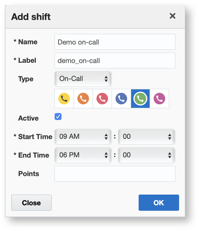 Add shift screen with the on-call shift icons