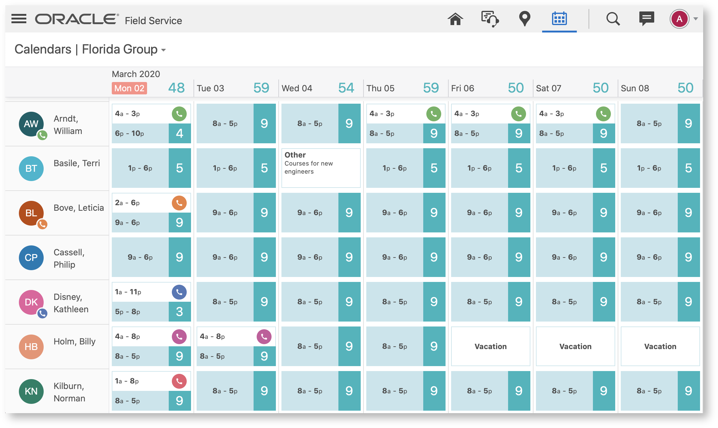On-call shift highlighted on the Calendars screen