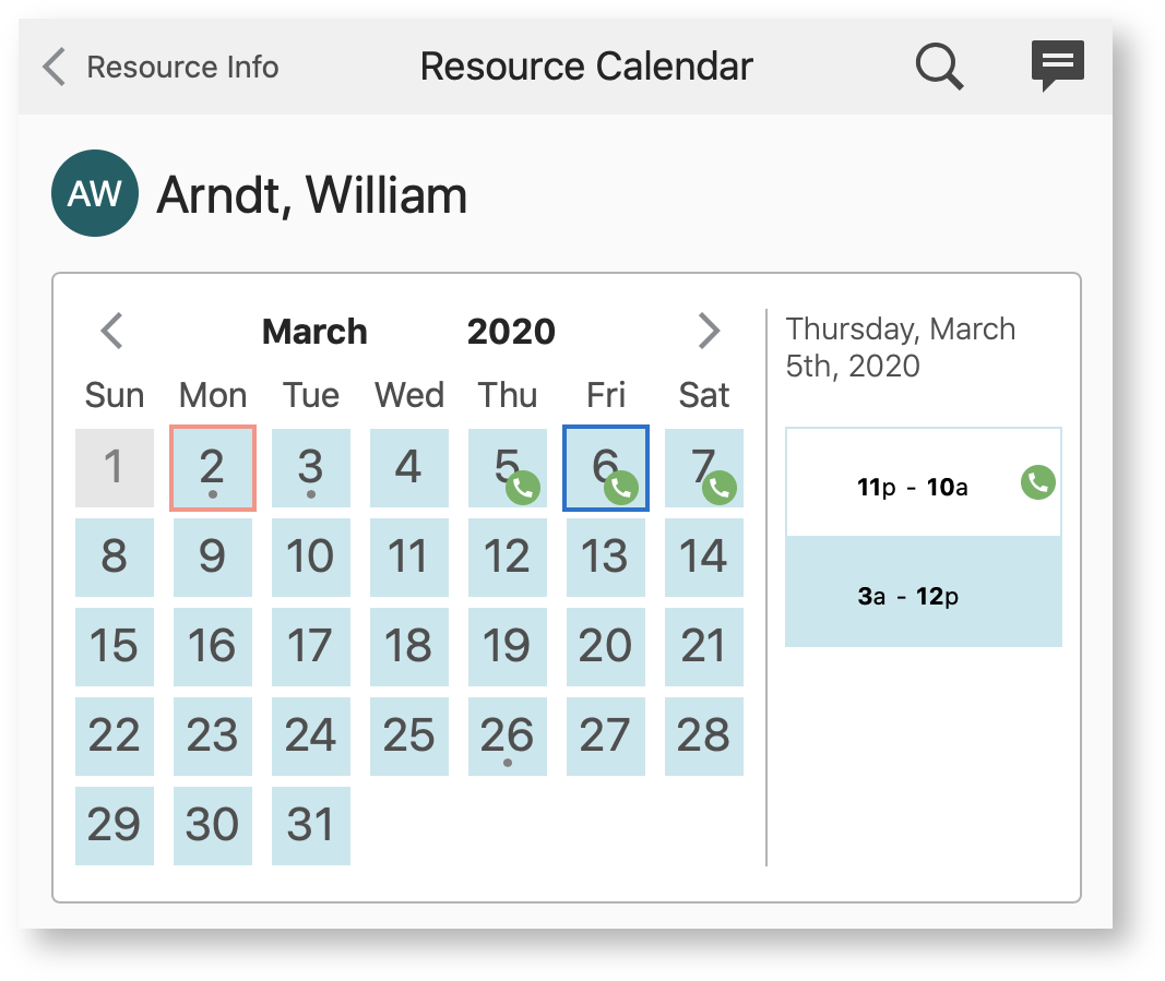 On-call shift on the Resource Calendar screen