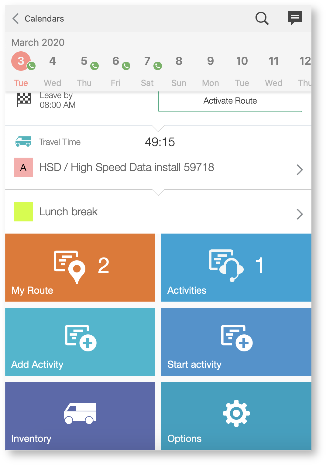 On-call shift on the My Route screen