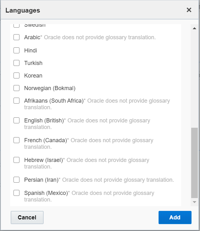 This screenshot shows the Languages screen that includes the remark for the translations.
