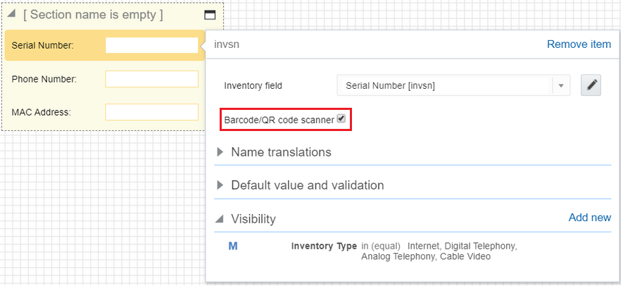 This screenshot shows three barcode scanner check boxes added to a Visual Form Editor.