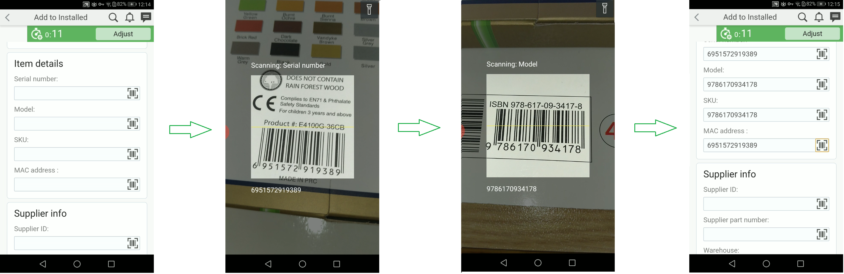 These screenshots show how multiple barcodes are scanned and the values are populated in the fields.