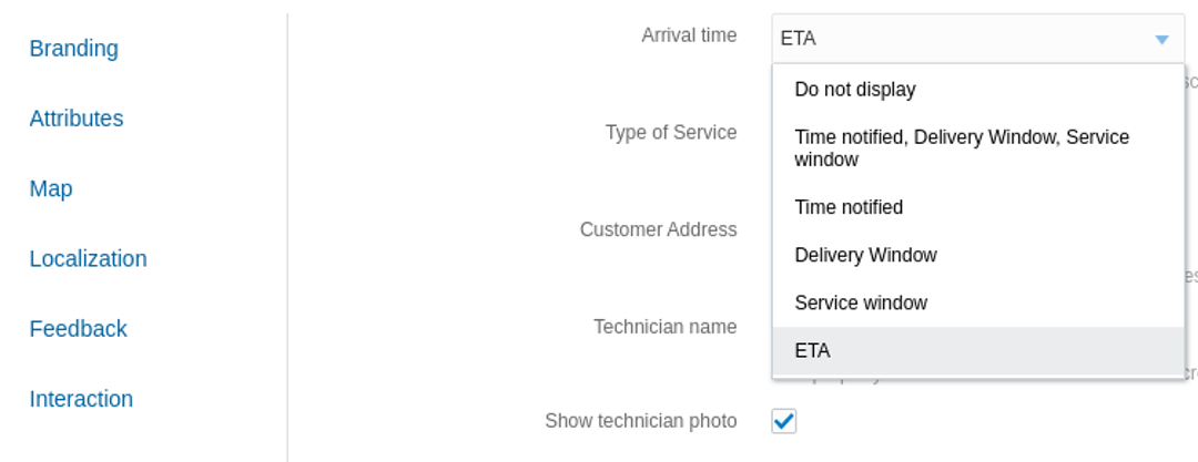 This screenshot shows the Arrival time field on the Attributes tab of the Where is My Technician theme.