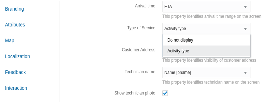 This screenshot shows the Type of service field on the Attributes tab of the Where is My Technician theme.