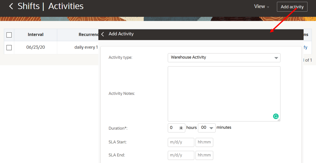 This screenshot shows the Add activity screen, which can be accessed from the Shift, Activities screen.