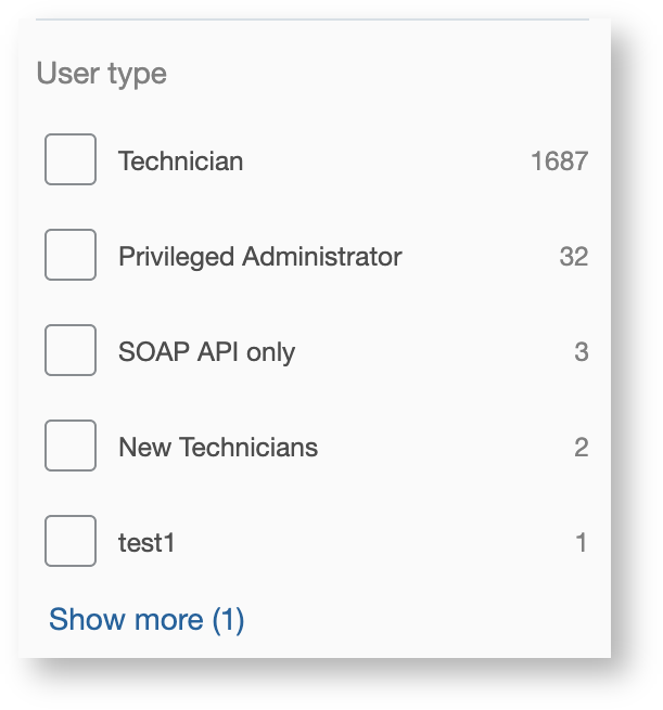This screenshot shows the filter by User Type option on the Resources screen.