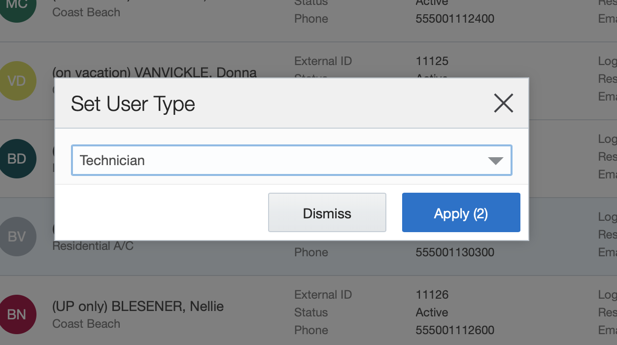 This screenshot shows how to set the user type for multiple resources on the Resources screen.