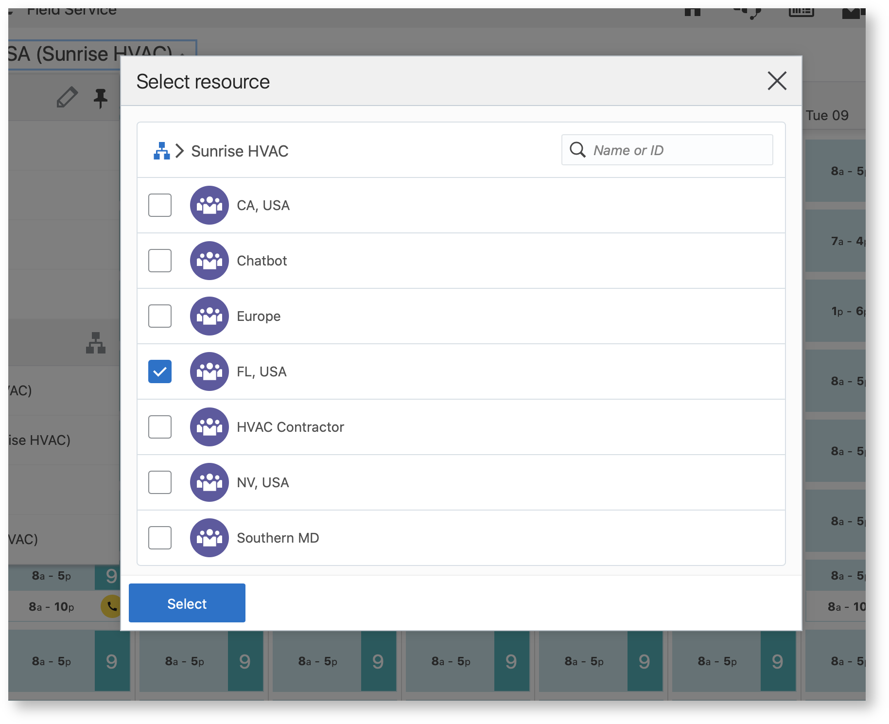 This screenshot shows how to select the organization unit on the Resources screen.