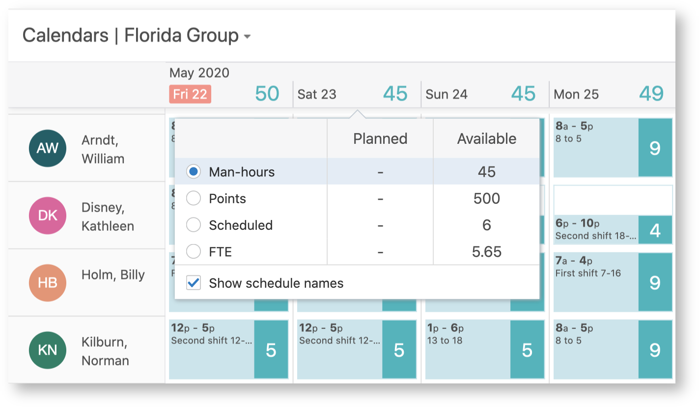 This screenshot shows the Show schedule names option on the Calendars screen.