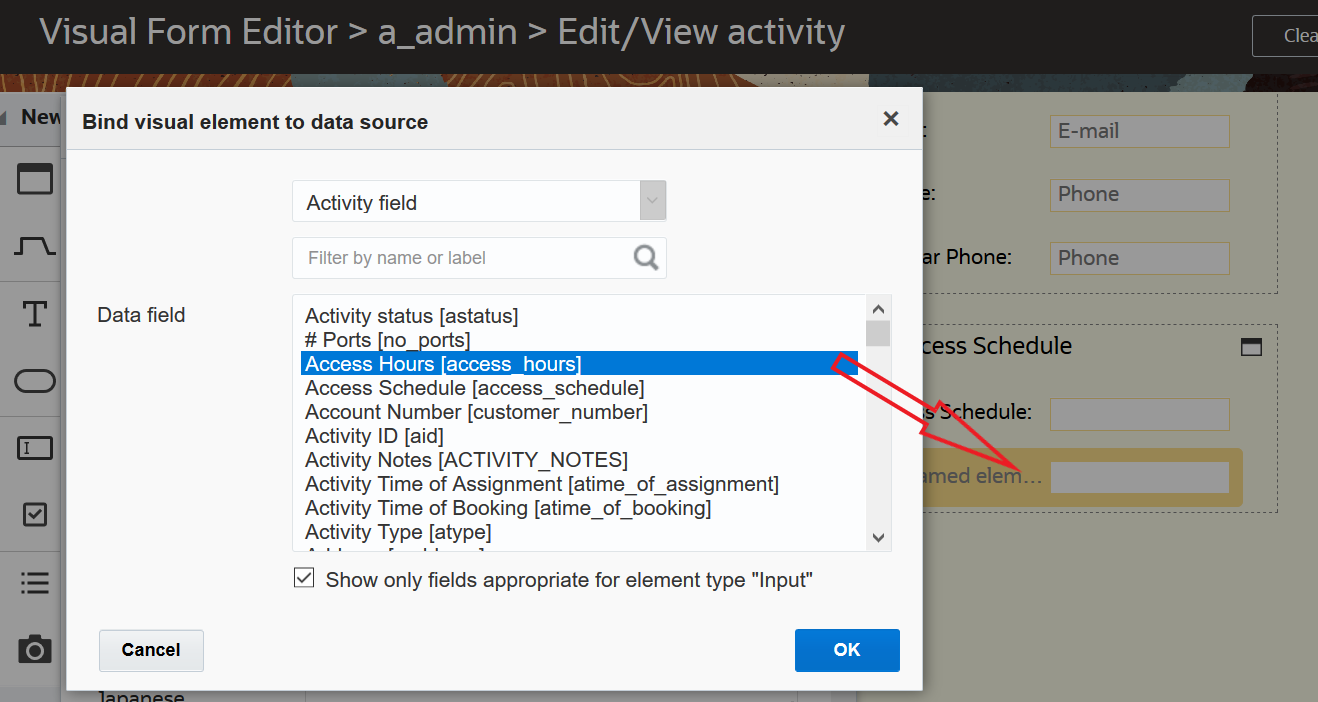 This screenshot shows the Access Hours field being added to the Visual Form Editor.