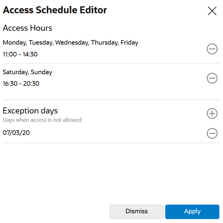 This screenshot shows the access details for the week and the exception days.