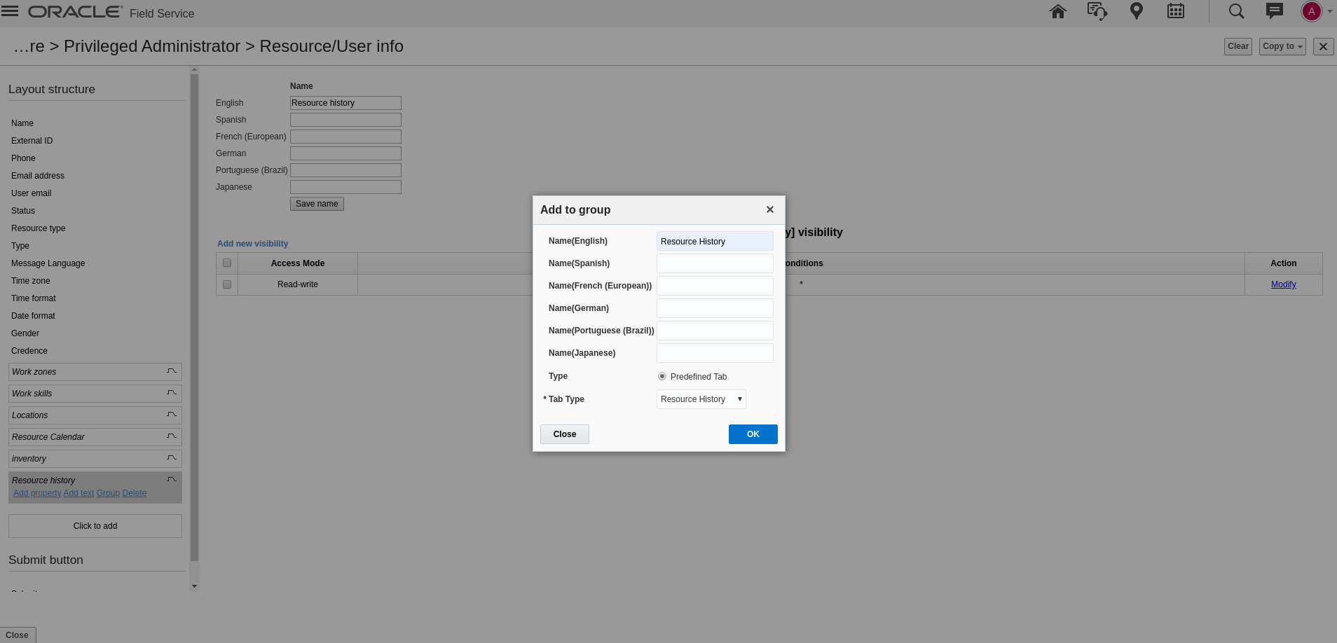 This screenshot shows the Resource History group item on the Resource Info context layout.