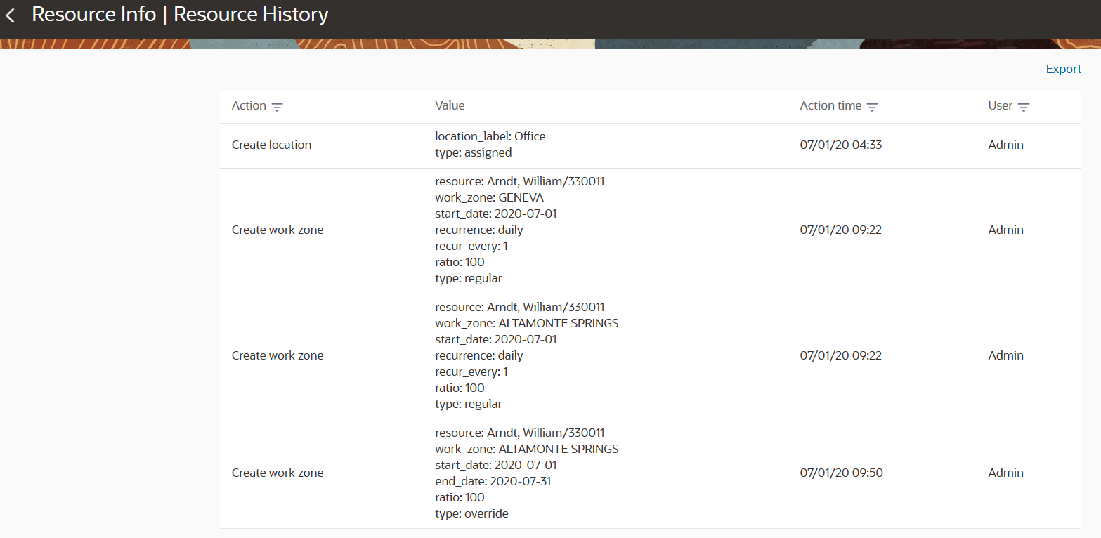 This screenshot shows the Resource History screen.
