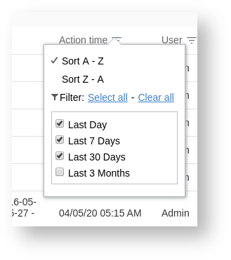 This screenshot shows the filters in the Action Time column.