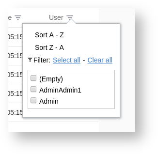 This screenshot shows the filters in the User column.