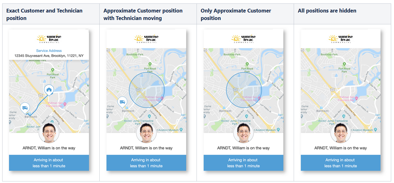 This screenshot shows the customer's position and the technician's position on the Where is My Technician screen.