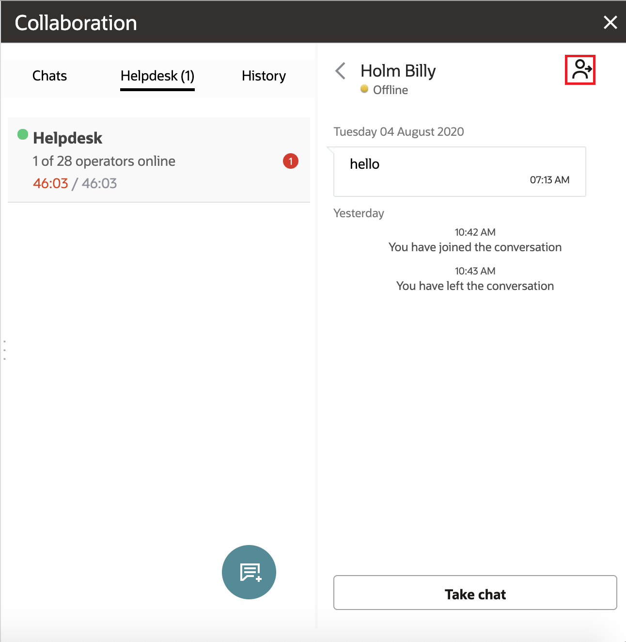 Helpdesk chat pane and the transfer chat icon highlighted