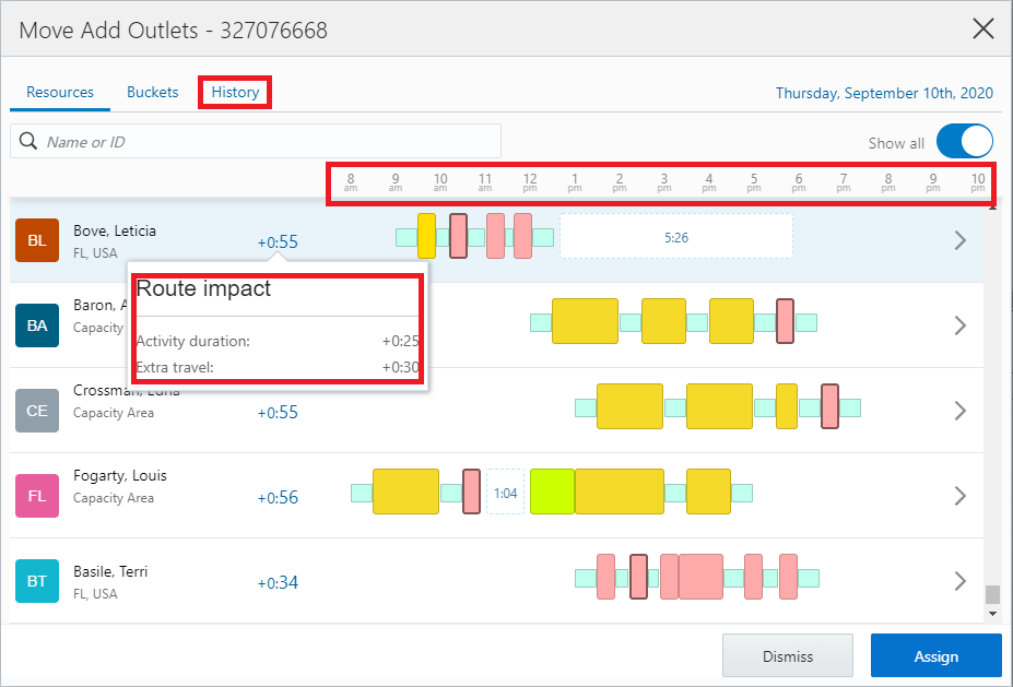 Assignment Assistant with History, time scale, and Route impact highlighted