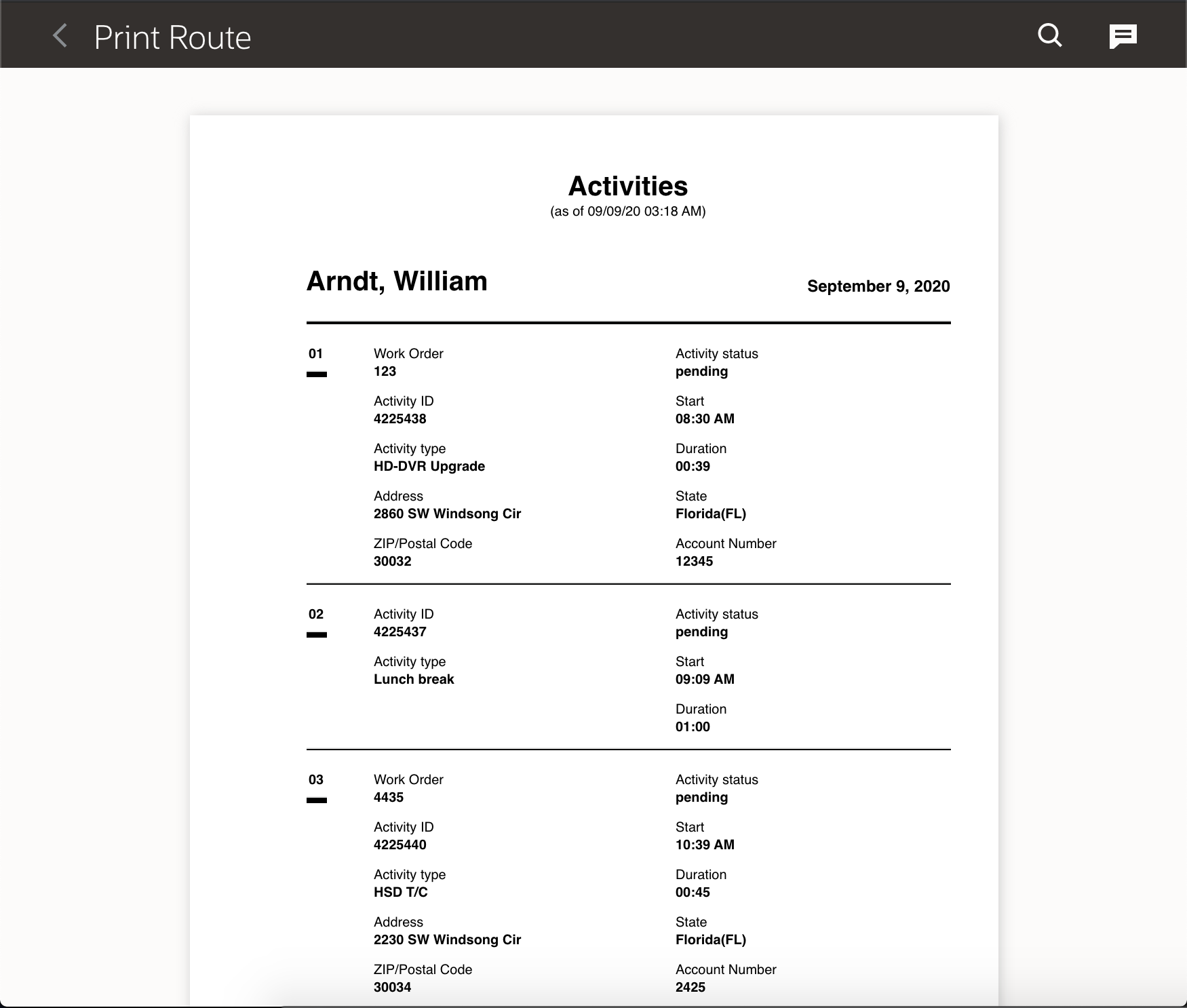 Activity details printed using the Print Route option