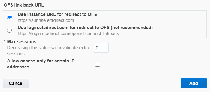 OFS Link Back URL Section for a Login Policy with OpenID Connect Authentication Method