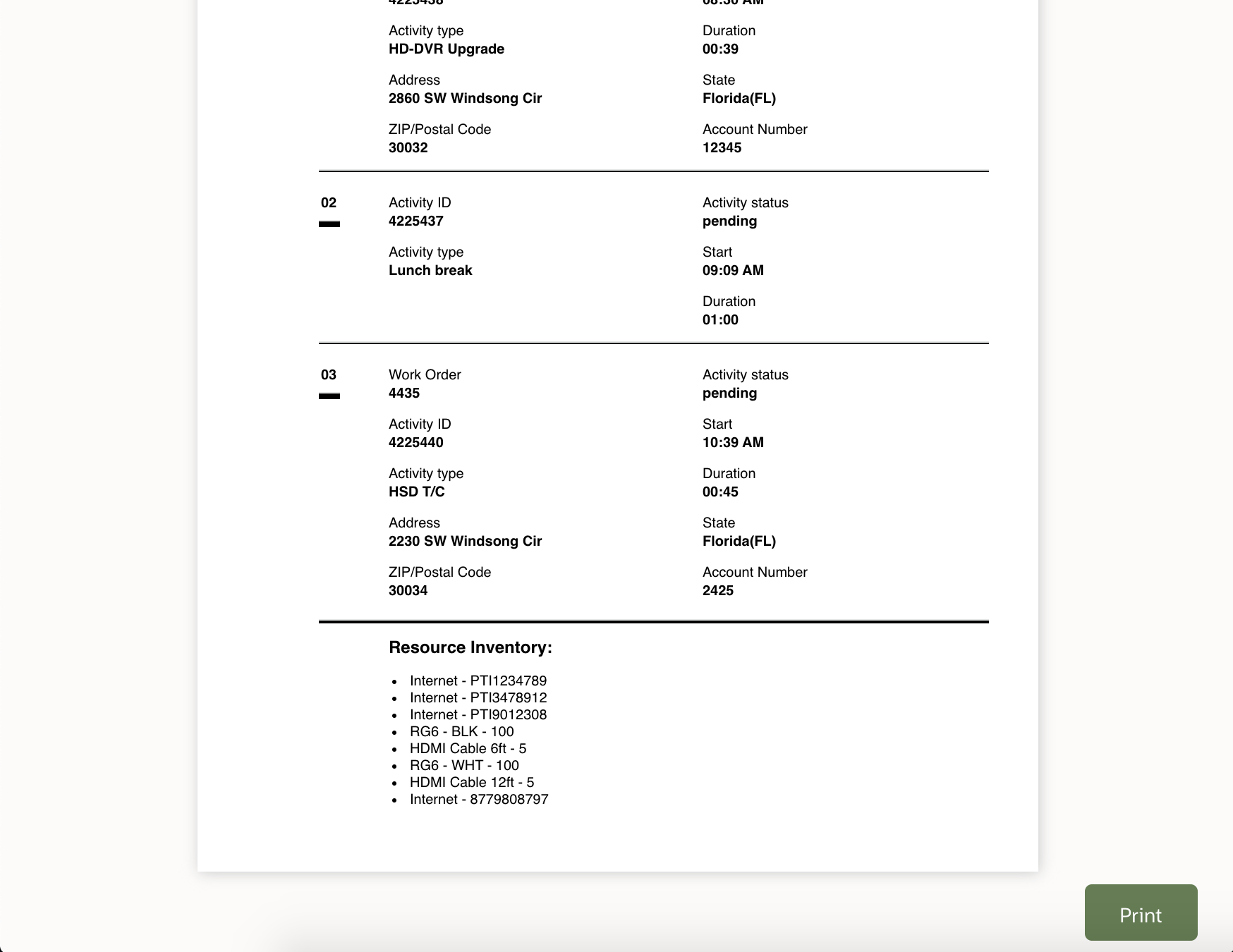 Inventory details printed at the end of the report