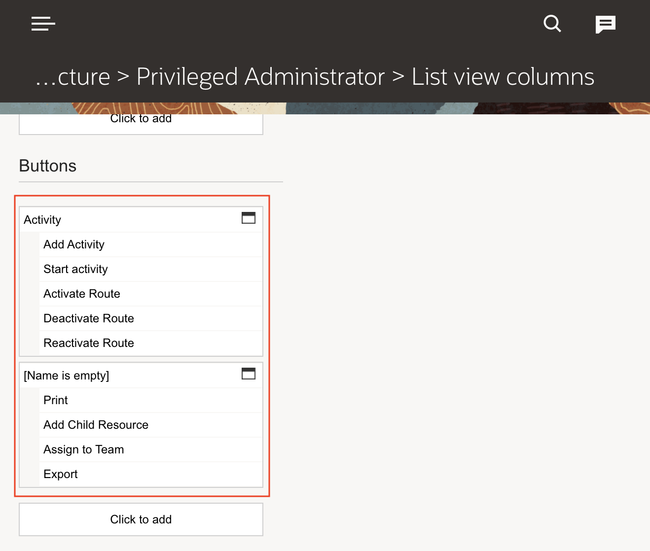 Actions and group of actions configured for the List view