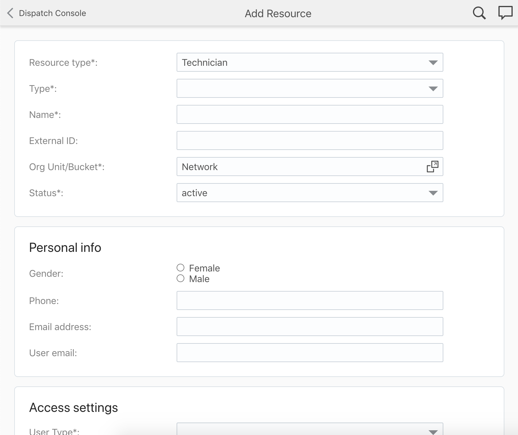 Add Child Resource page based on the context layout of Core Application
