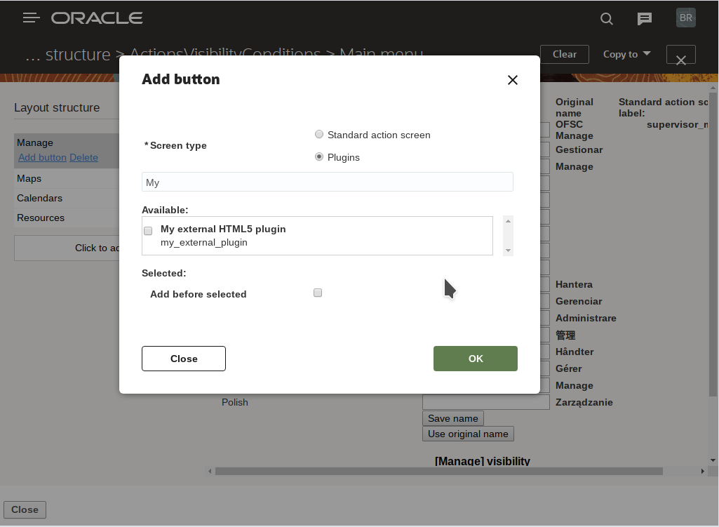 Add button dialog box to select a plug-in to add to the Main menu