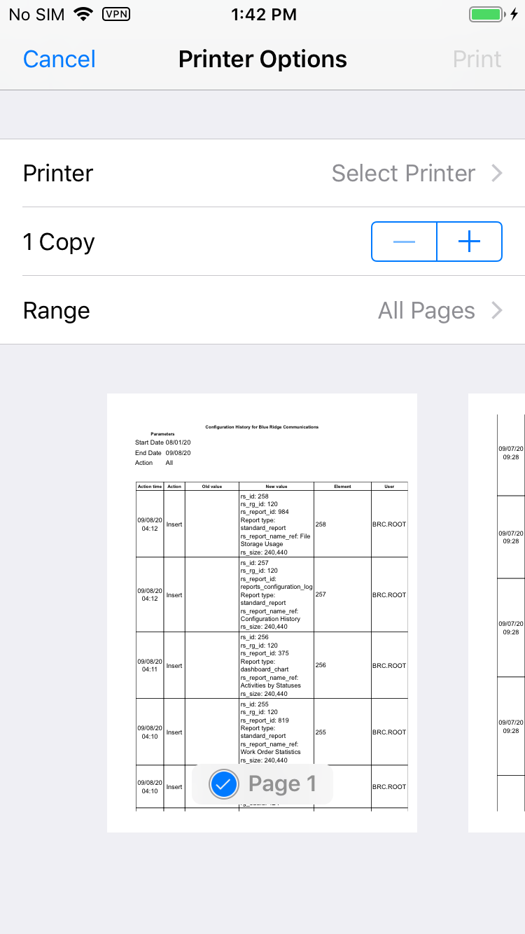 This screenshot shows the native print option of a device.
