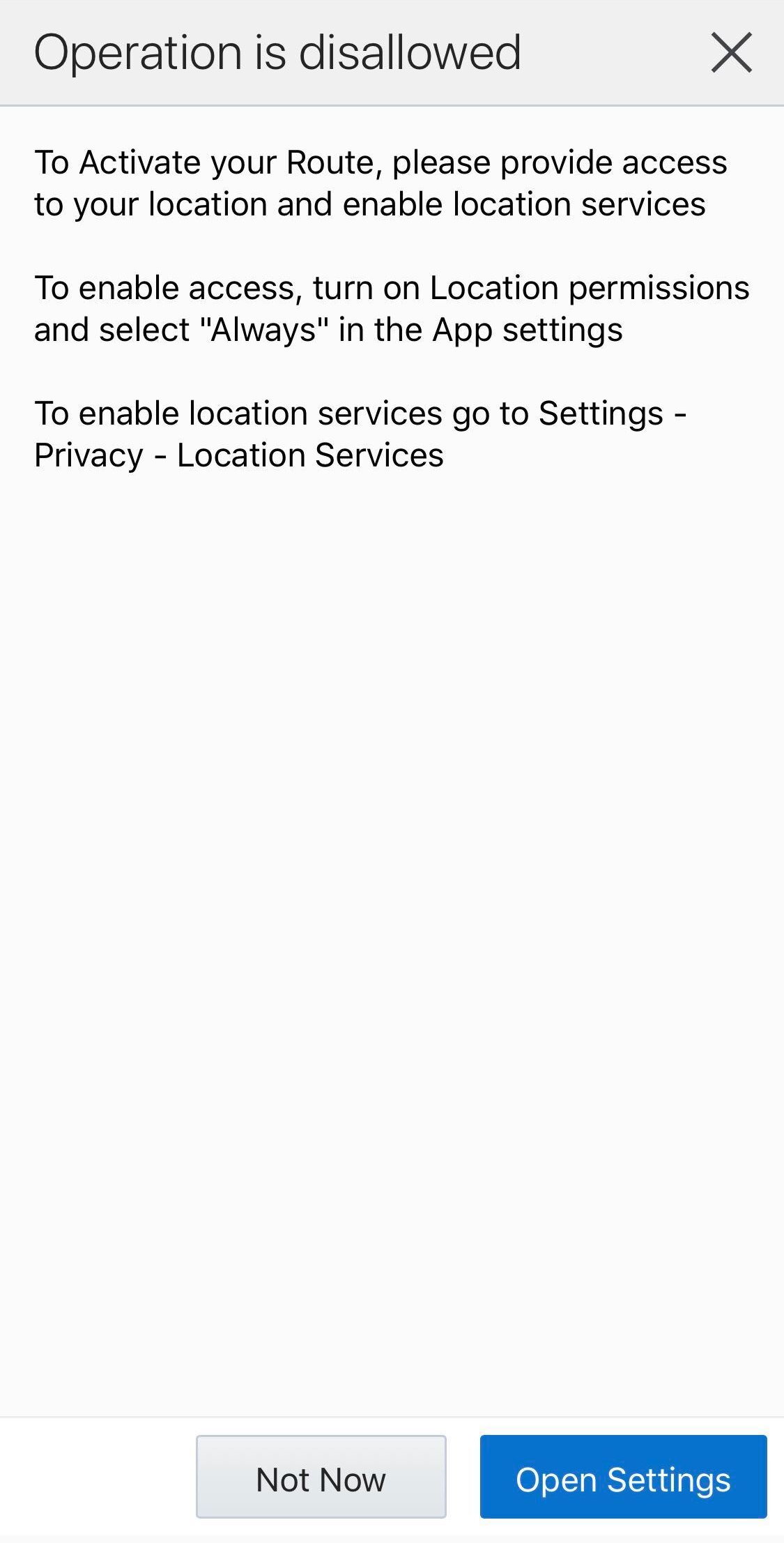 This screenshot shows the message when a user tries to activitate a route and the location service is not enabled.
