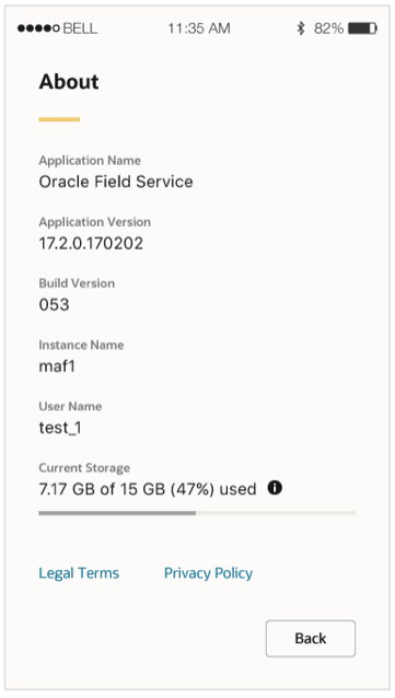 About page indicating the current storage