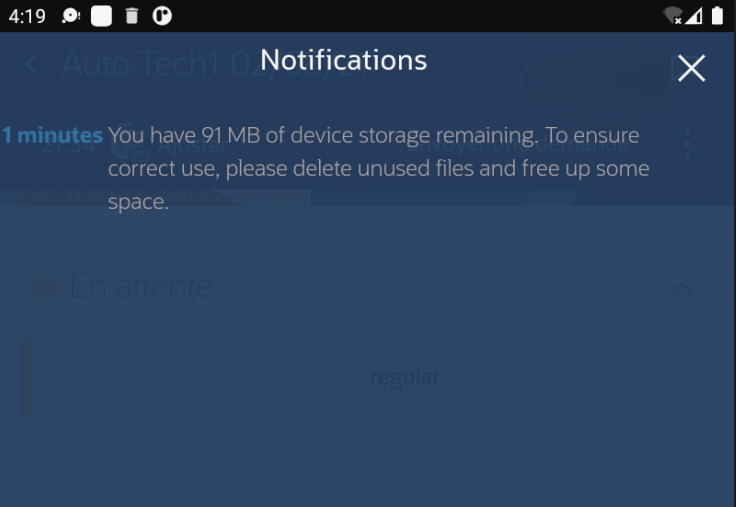 Notification of the storage space, which is below 10 MB.