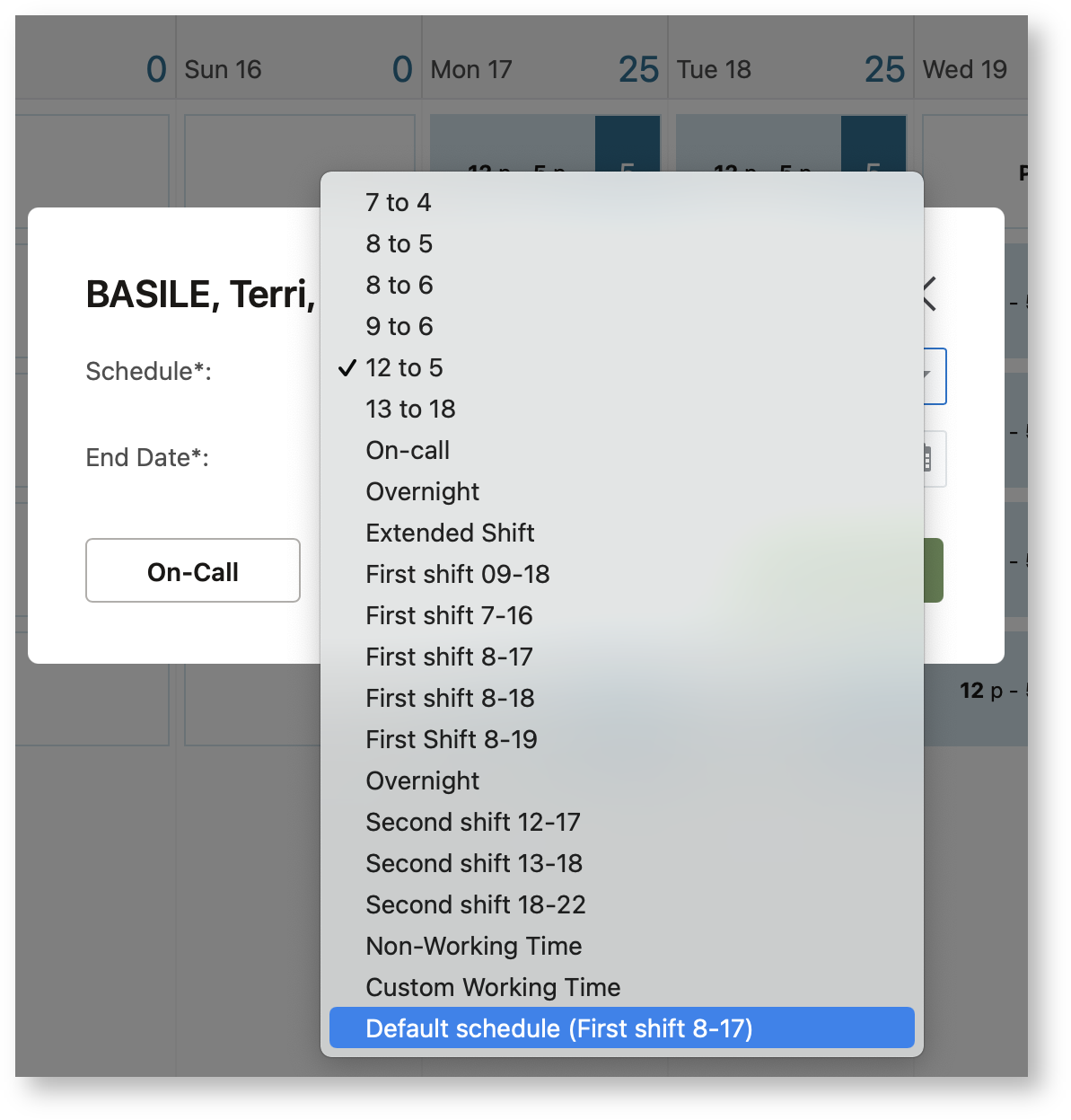 This image shows the schedule dialog box, where the Default schedule is selected.