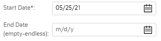 This image shows the date editor in the Start Date and End Date fields.