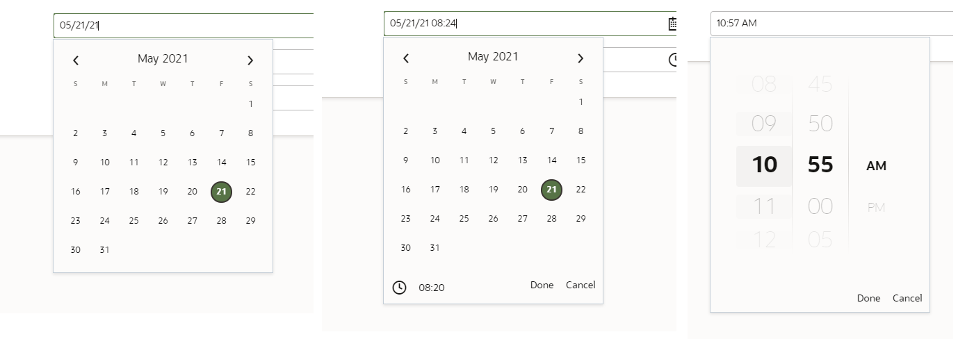 This image shows the date editor with the in-line editing of date, in-line editing of date and time, and the time editor.