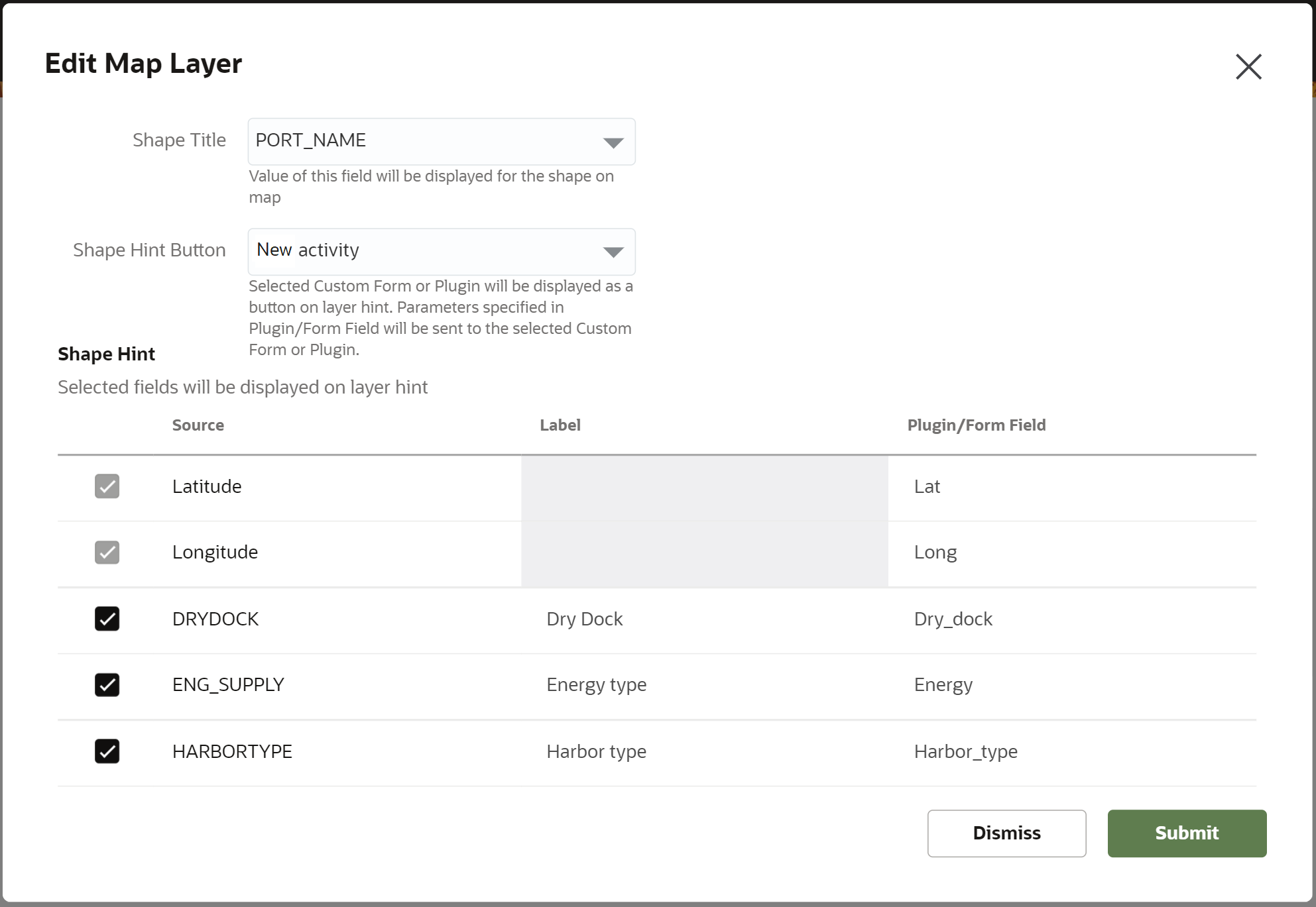 This image shows the Edit Map Layer page to configure the Shape hint button. 