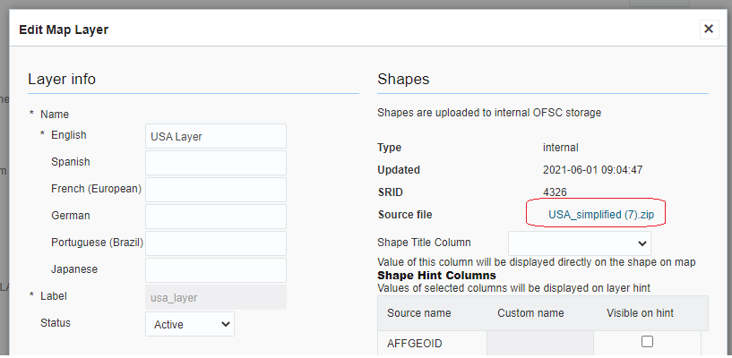 This image shows the Edit Map Layer dialog box to download a shape file.
