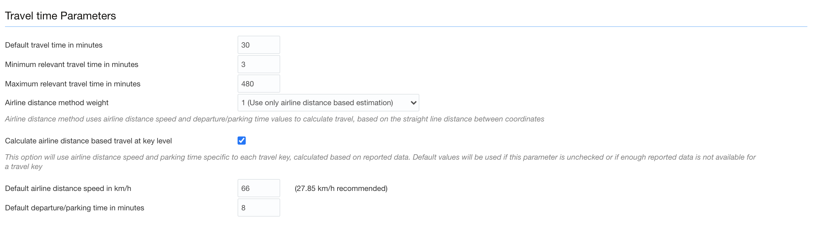 This image shows the "Use airline distance speed and parking time at travel key level" check box on the Statistics page.