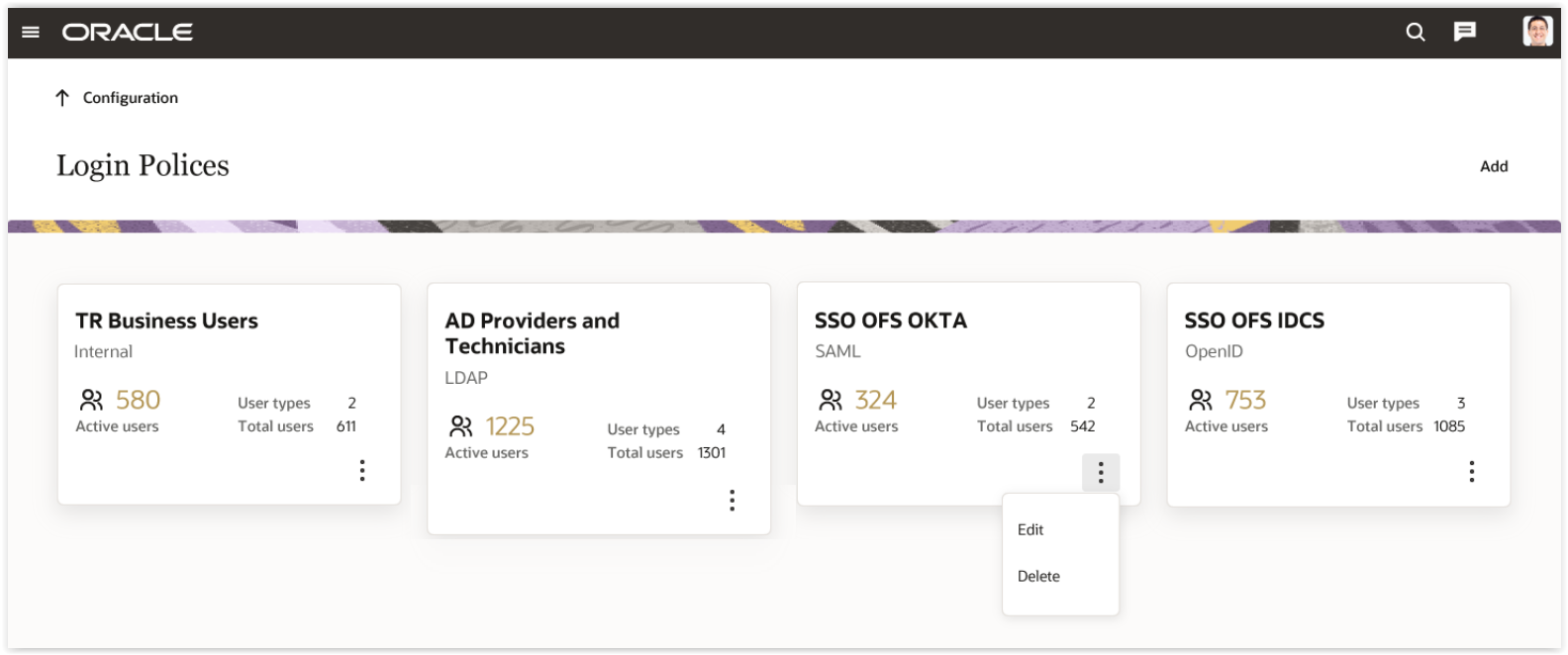 Login Policies page with the cards view layout