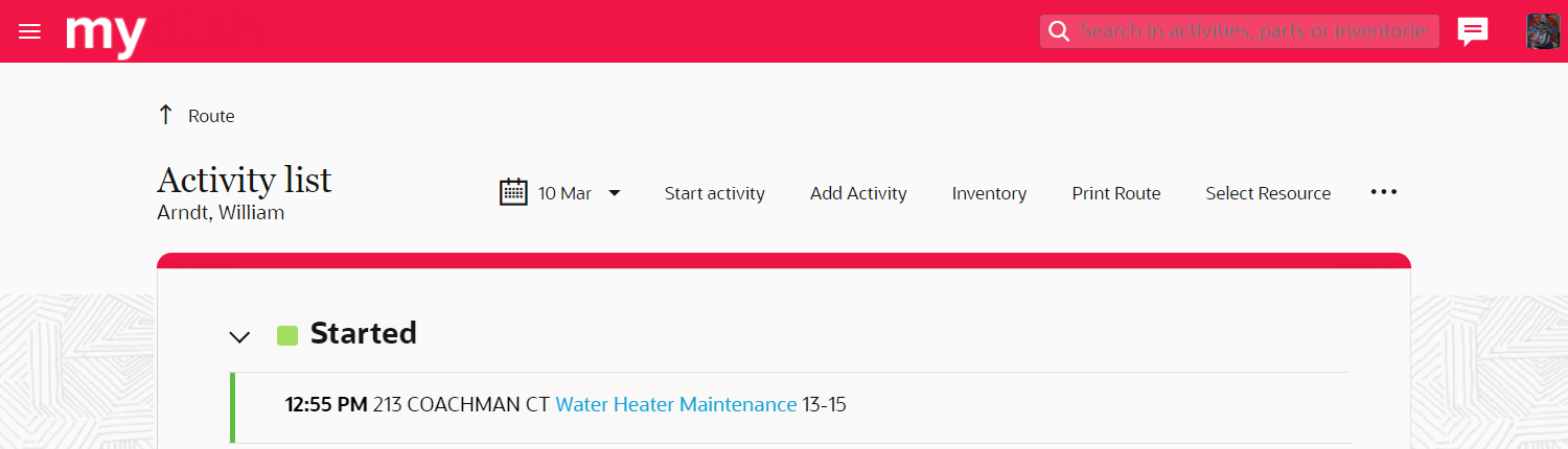Activity List page in a custom theme. The custom theme colors are applied to the header and stripe.