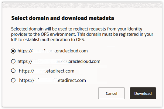 Select domain and download metadata dialog box