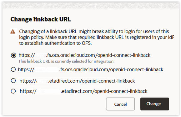Warning that is displayed while changing the linkback URL