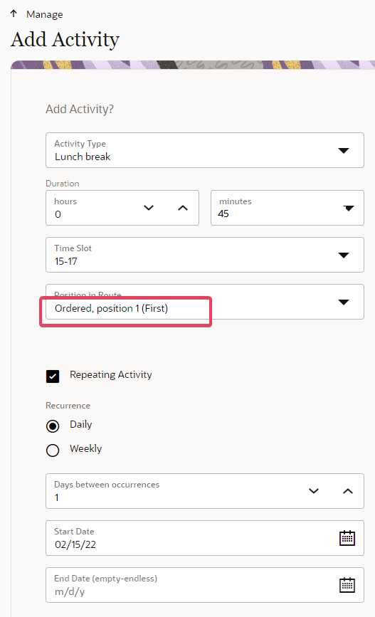 This screenshot shows the Position in Route field for a repeating activity.